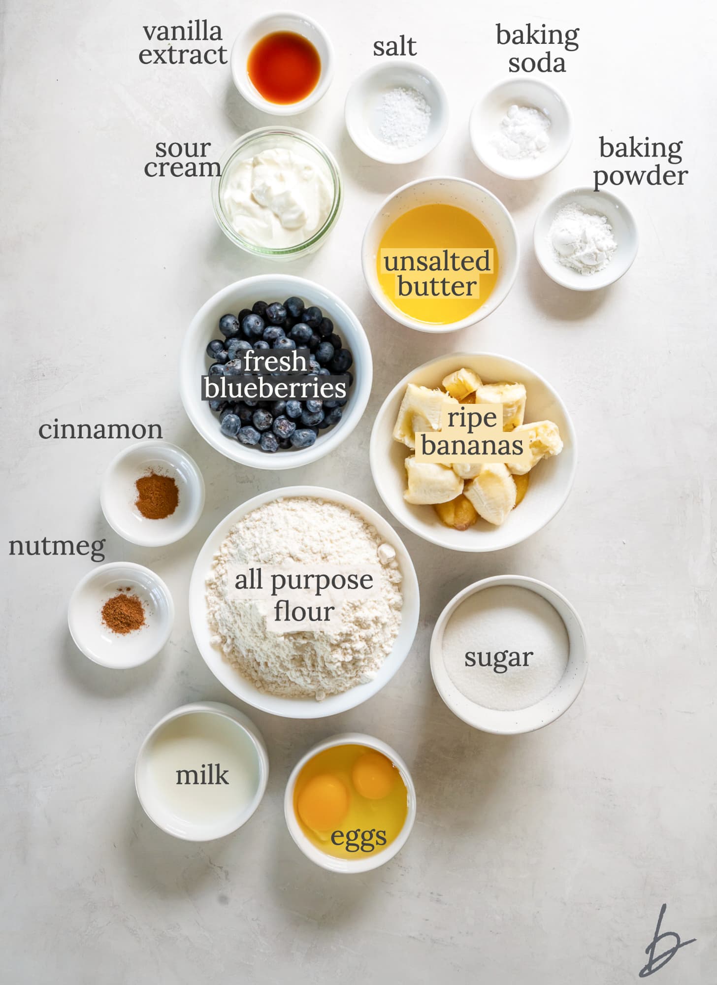 blueberry banana muffins ingredients in bowls labeled with text