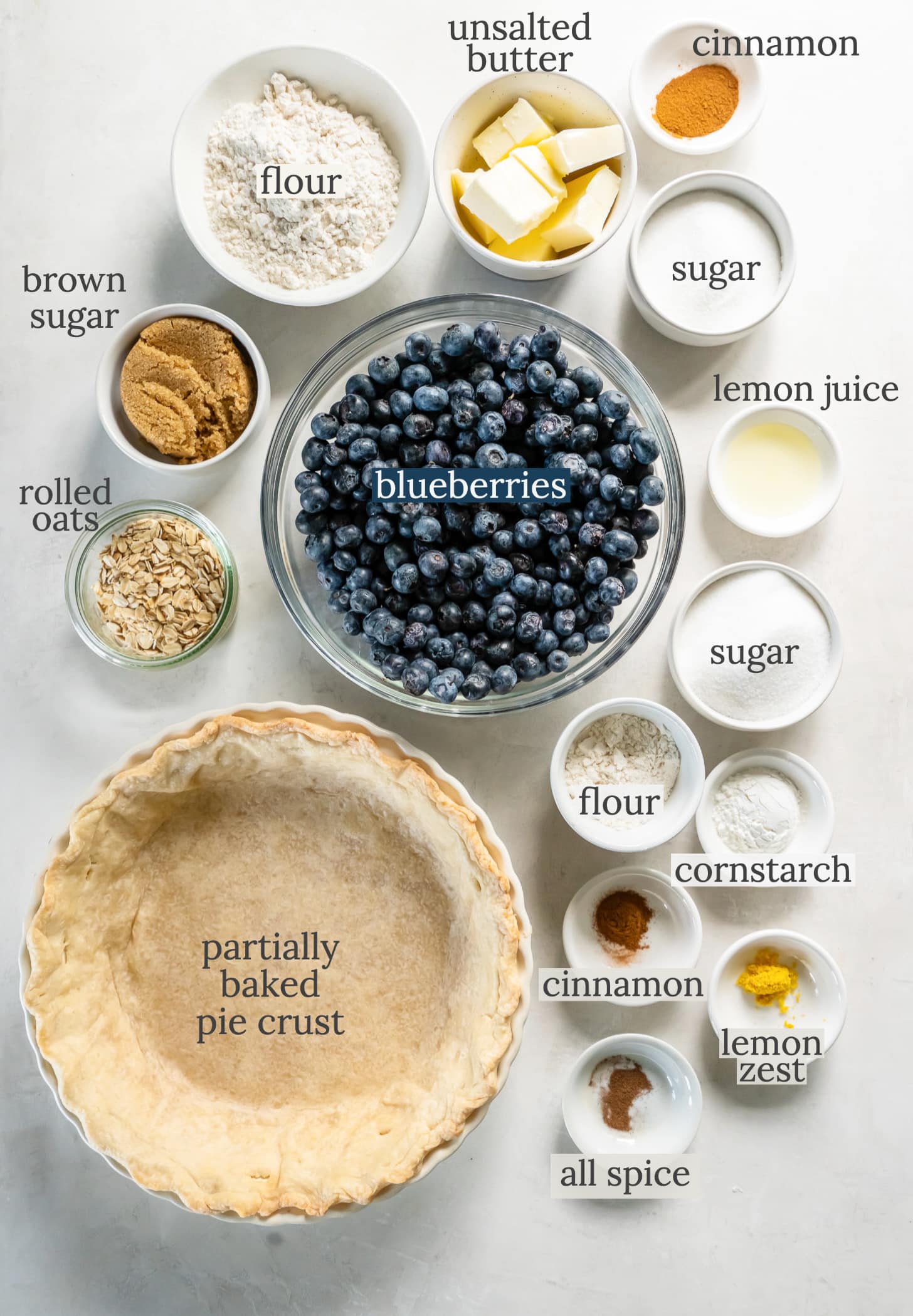 blueberry crumble pie ingredients in bowls labeled with text