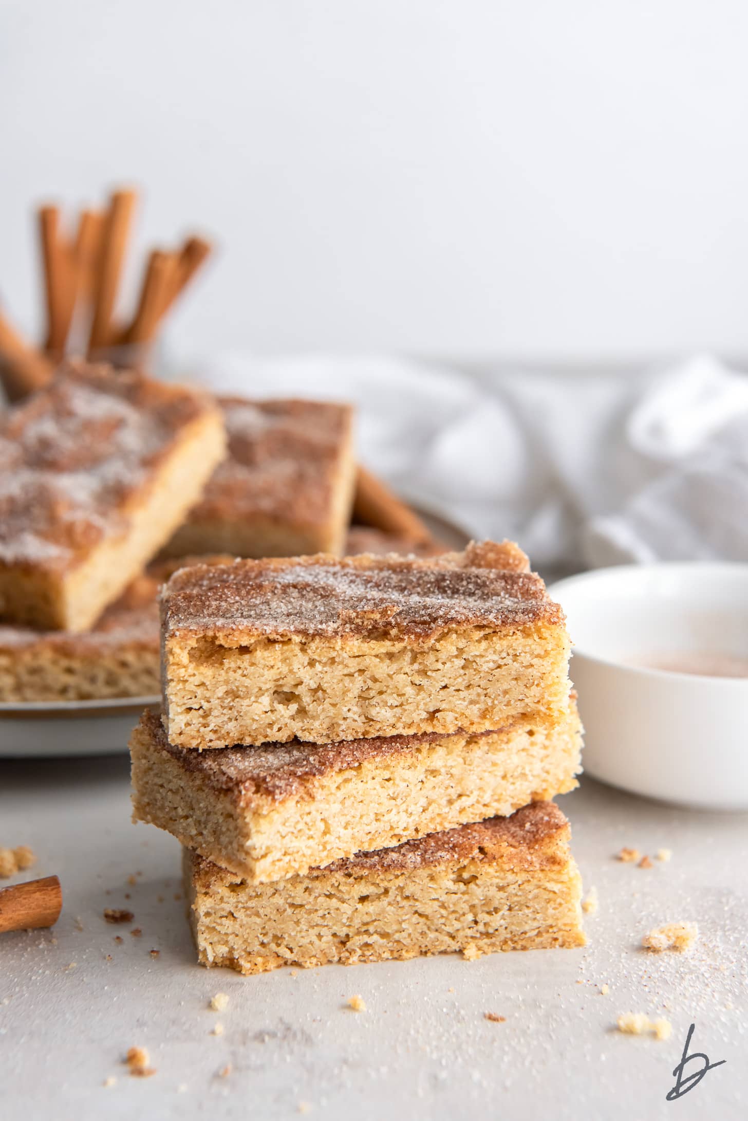 stack of three snickerdoodle bars in front of plate with more snickerdoodle bars