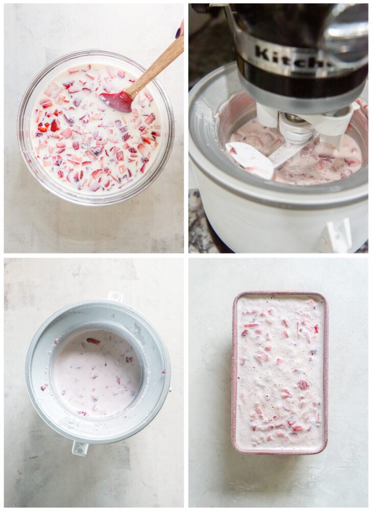 photo collage demonstrating how to make strawberry ice cream in an ice cream churner 