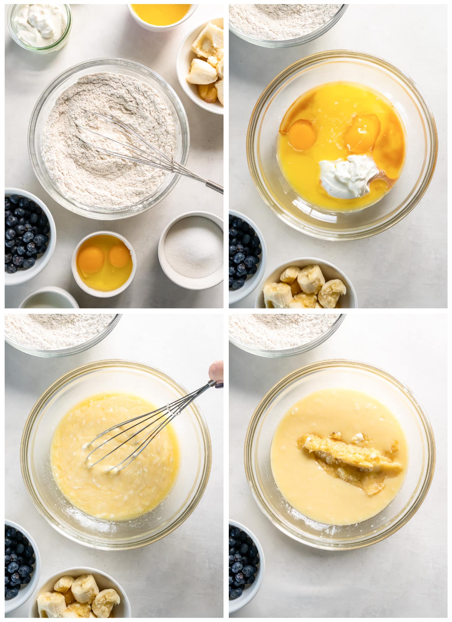 photo collage demonstrating how to make blueberry banana muffins in a mixing bowl