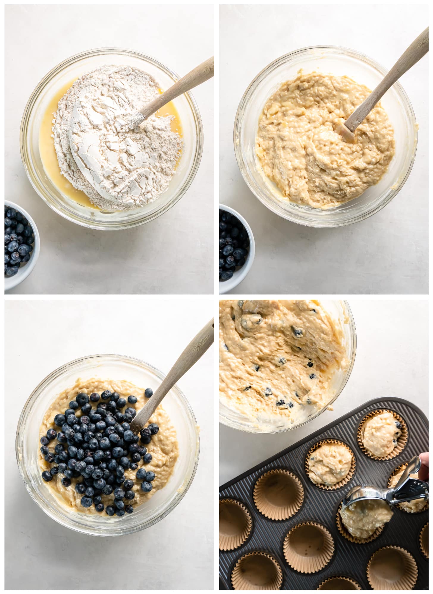 photo collage demonstrating how to make blueberry banana muffins in a mixing bowl and muffin tin