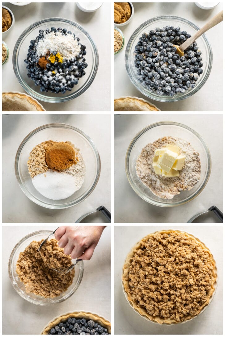 photo collage demonstrating how to make blueberry crumble pie in mixing bowls and pie plate