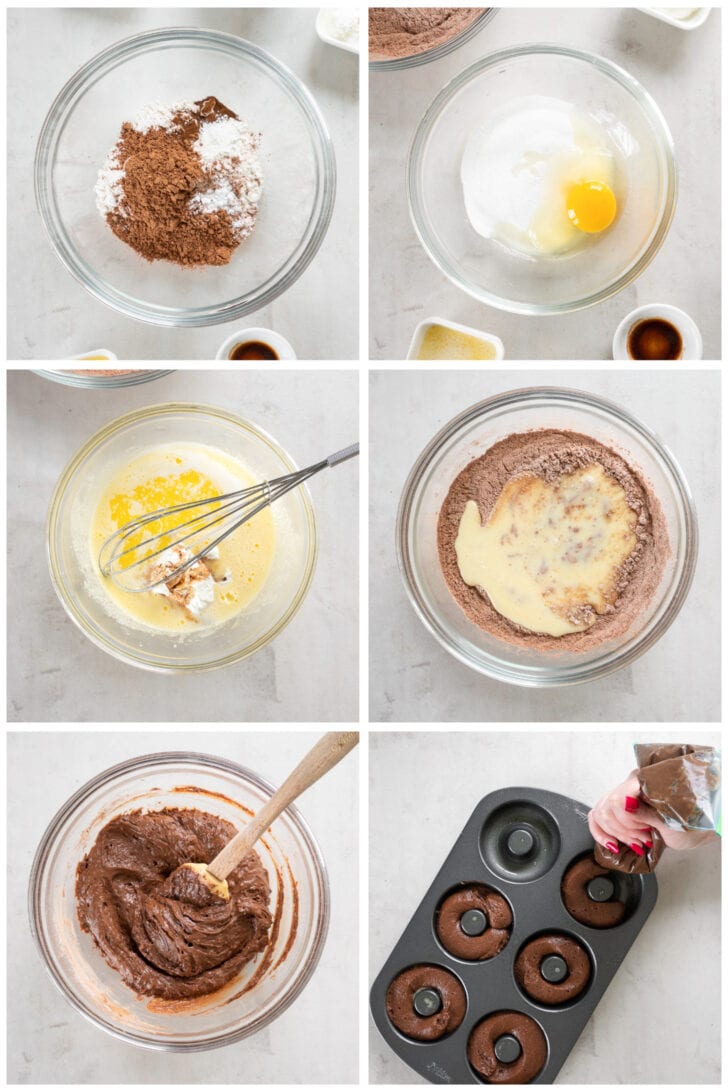 photo collage demonstrating how to make baked chocolate donuts in a mixing bowl and donut tin
