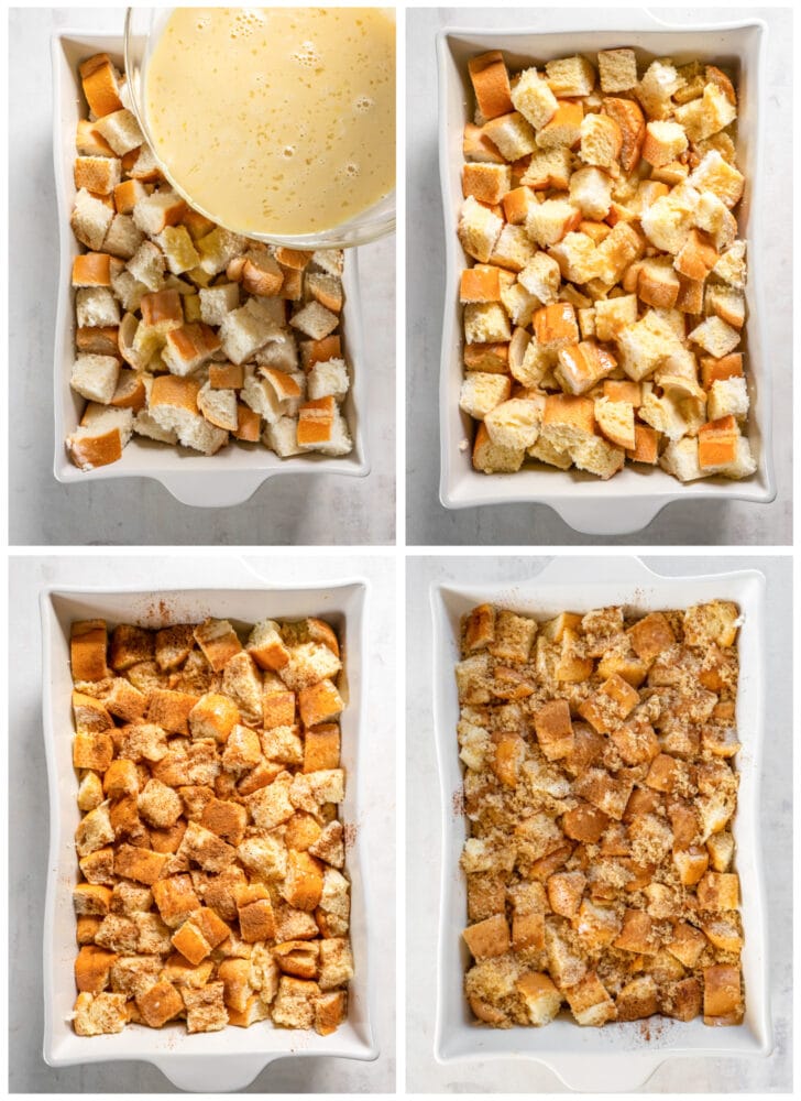 photo collage demonstrating how to assemble french toast casserole in baking dish