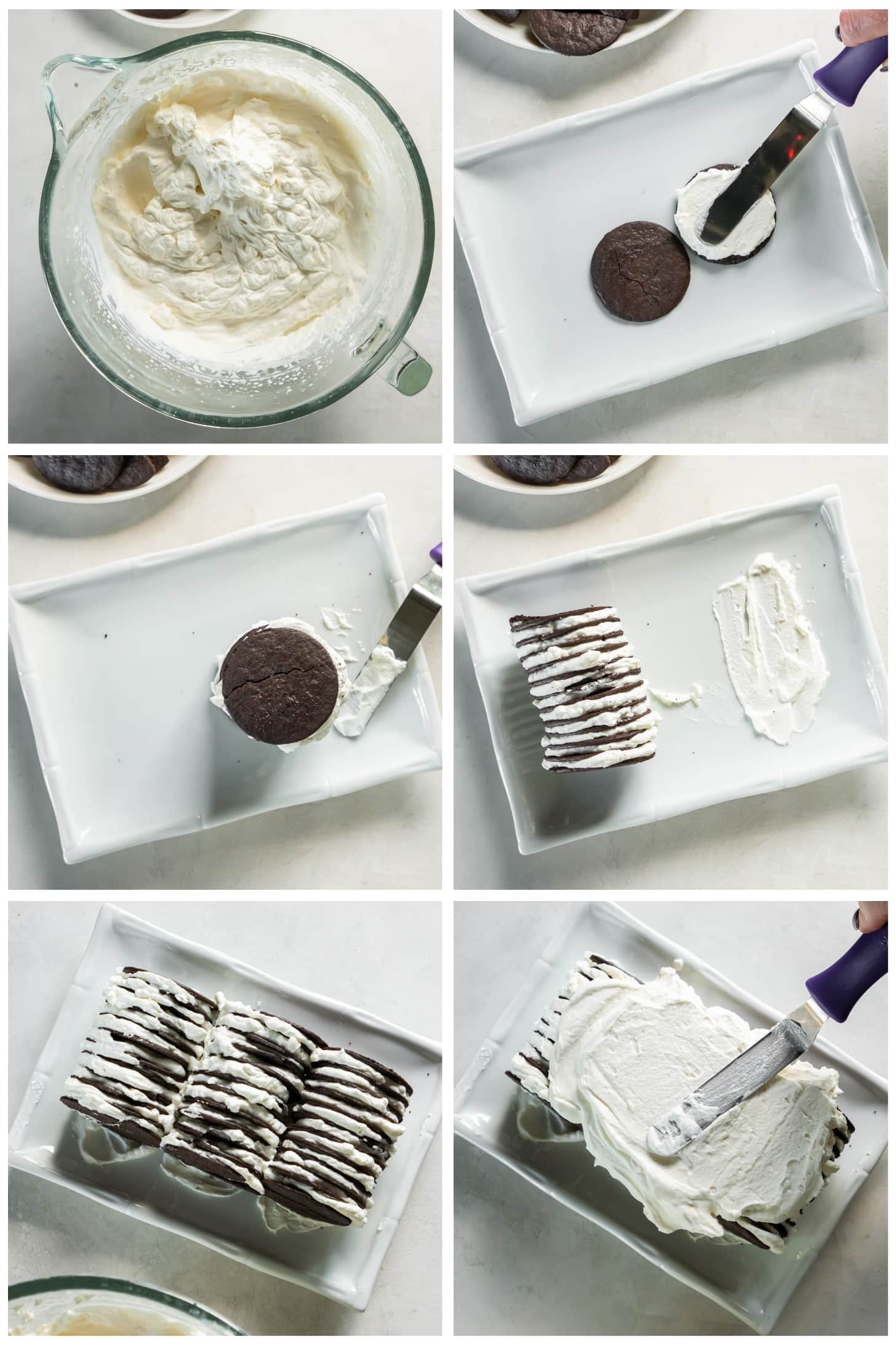 photo collage demonstrating how to assemble an icebox cake with whipped cream and chocolate wafers