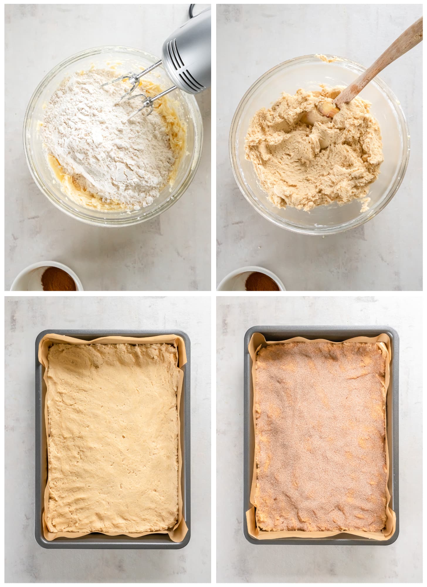 photo collage demonstrating how to make snickerdoodle bars in a mixing bowl and 9x13 pan