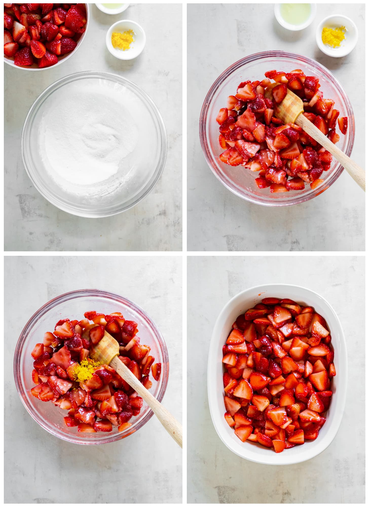 photo collage demonstrating how to prepare strawberry cobbler filling