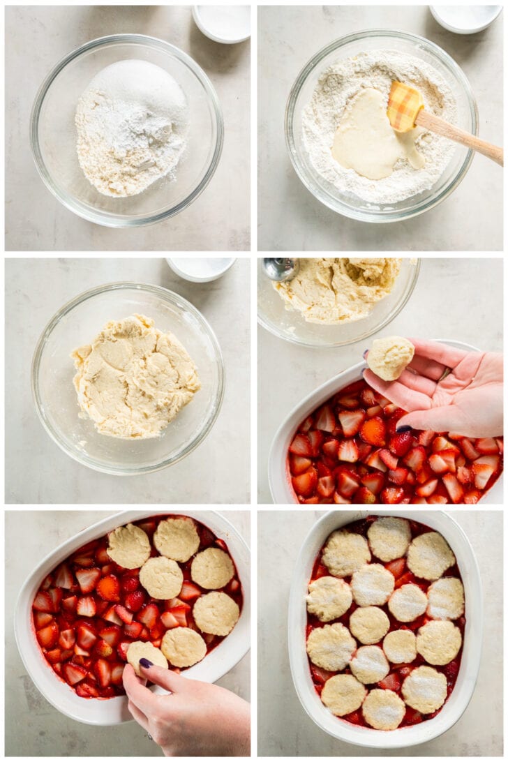 photo collage demonstrating how to make cobbler topping dough for strawberry cobbler