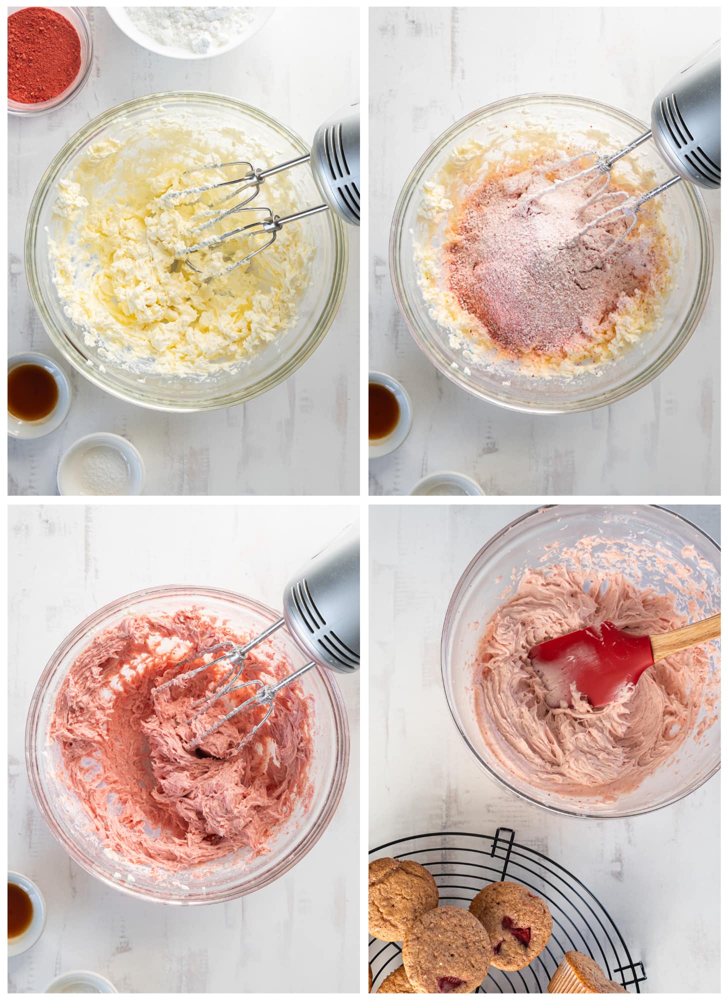 photo collage demonstrating how to make strawberry cream cheese frosting with a hand mixer