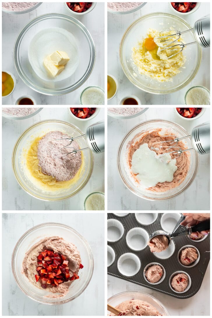 photo collage demonstrating how to make strawberry cupcakes in a mixing bowl with a hand mixer