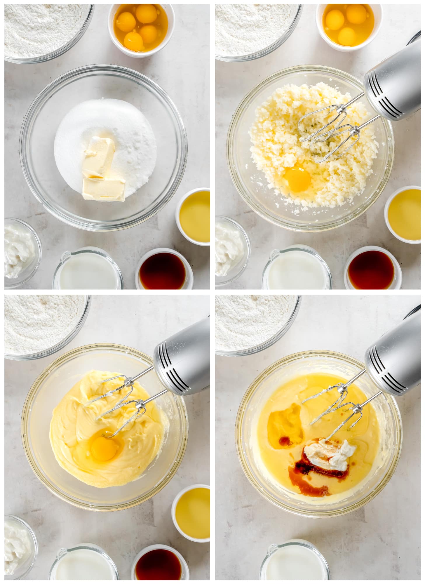 photo collage demonstrating how to make vanilla sheet cake batter in a mixing bowl with a hand mixer
