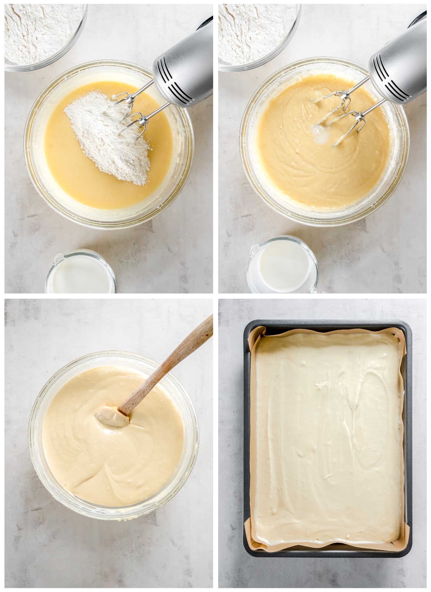 photo collage demonstrating how to make vanilla sheet cake in a mixing bowl and 9x13 cake pan