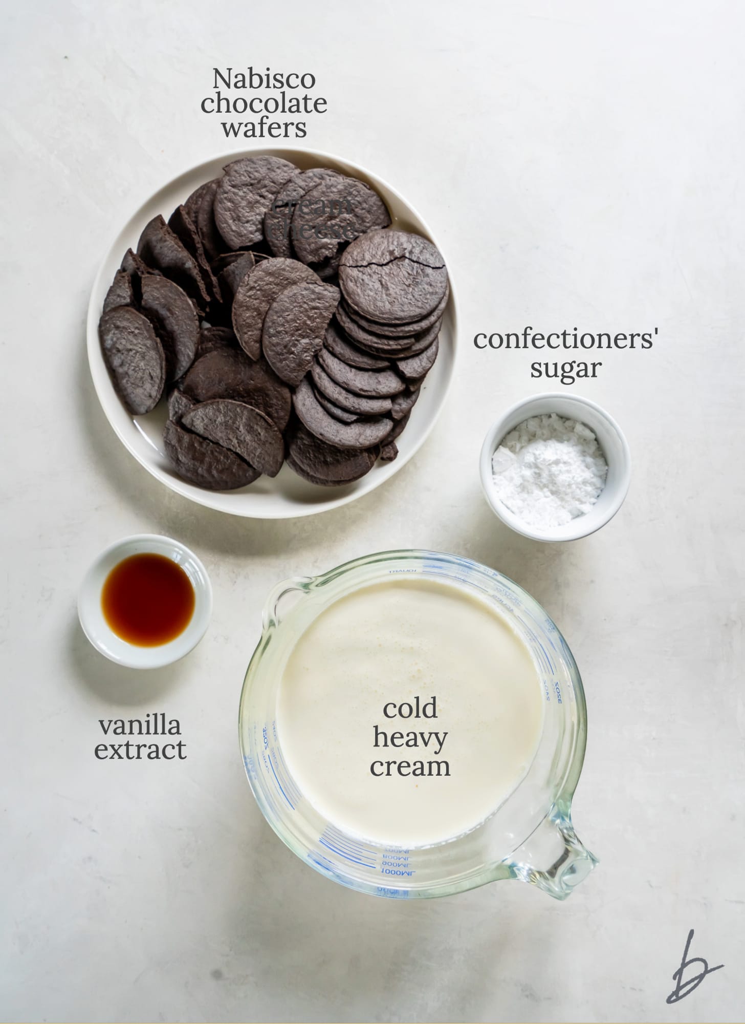 icebox cake ingredients in bowls labeled with text