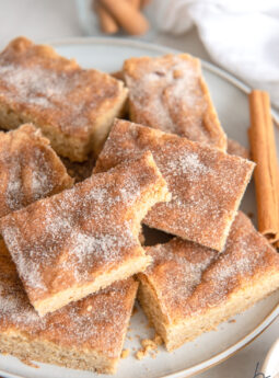 snickerdoodle bar with a bite on top of more bars coated with cinnamon sugar