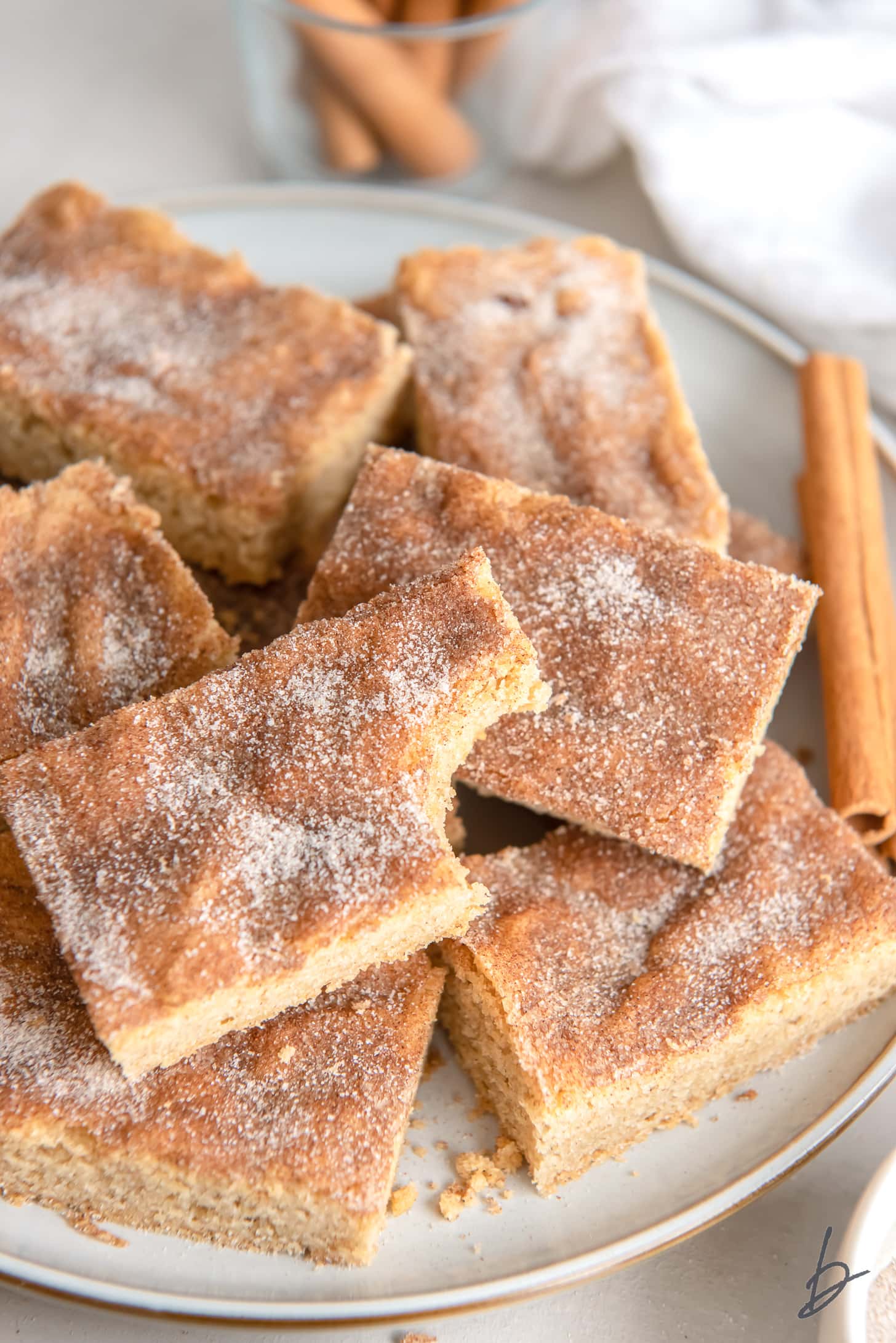 snickerdoodle bar with a bite on top of more bars coated with cinnamon sugar