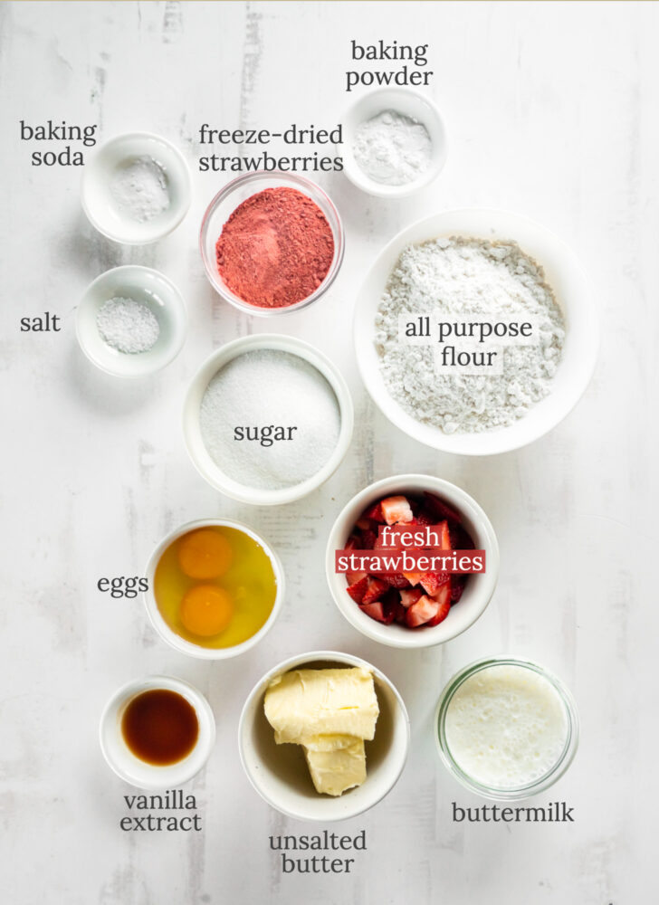 strawberry cupcake ingredients in bowls labeled with text