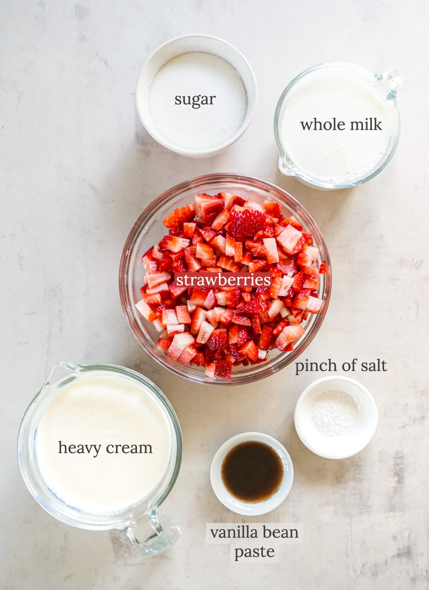 homemade strawberry ice cream ingredients in bowls labeled with text