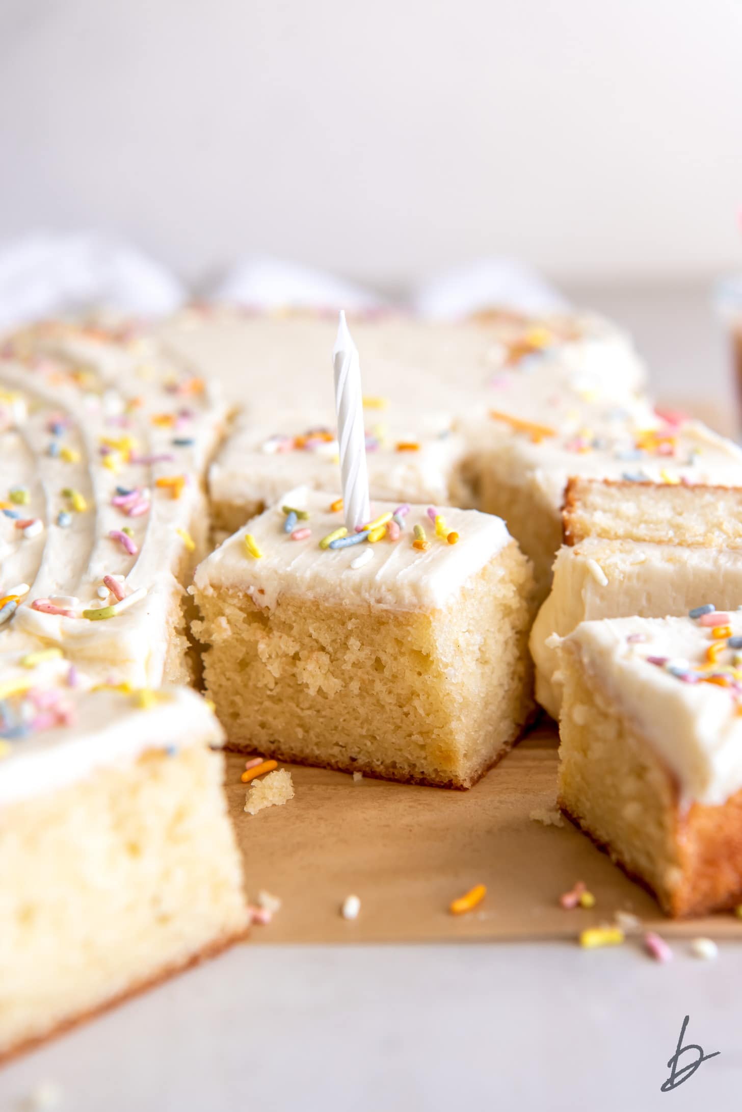slice of vanilla sheet cake with vanilla frosting sprinkles and white birthday candle