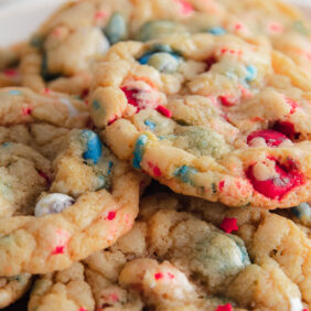 4th of july cookies with red, white and blue m&ms and sprinkles