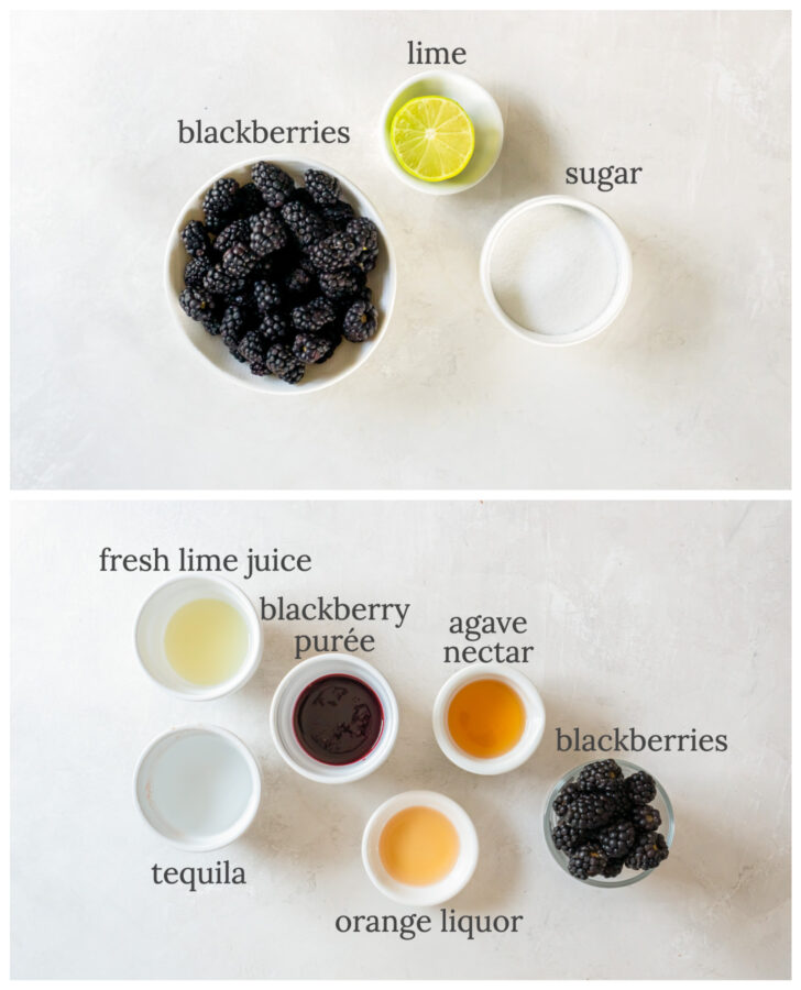 blackberry puree and blackberry margarita ingredients in bowls labeled with text