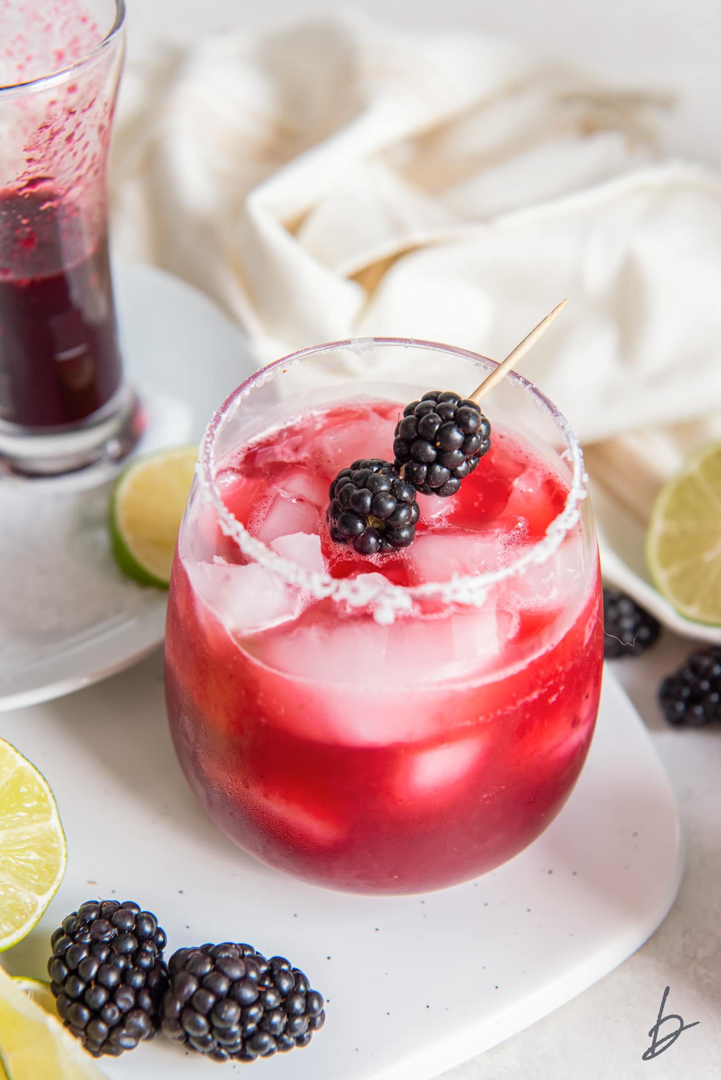 blackberry margarita in a glass with a salted rim and skewer of fresh blackberries