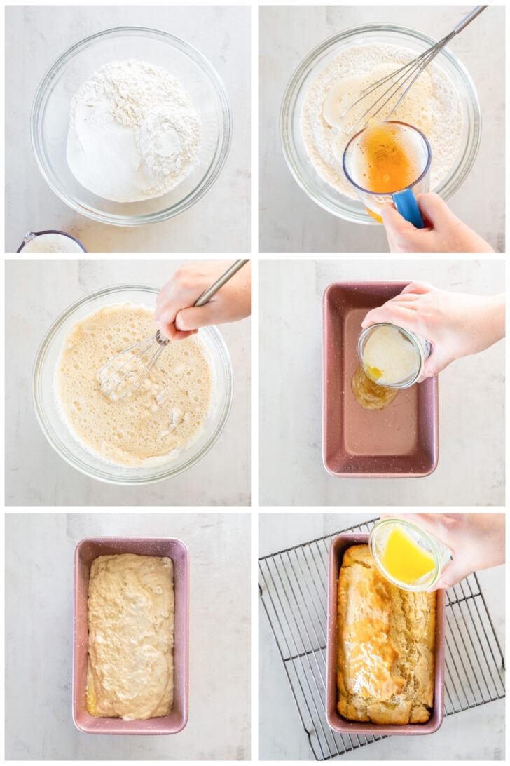 photo collage demonstrating how to make beer bread in a mixing bowl and 9x5-inch loaf pan