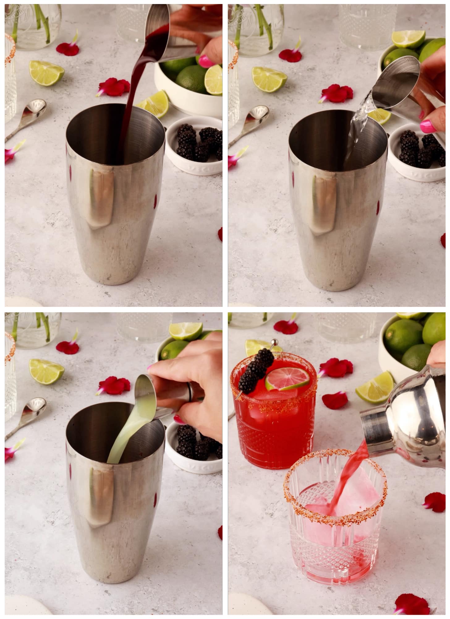 photo collage demonstrating how to make blackberry margarita in a cocktail shaker