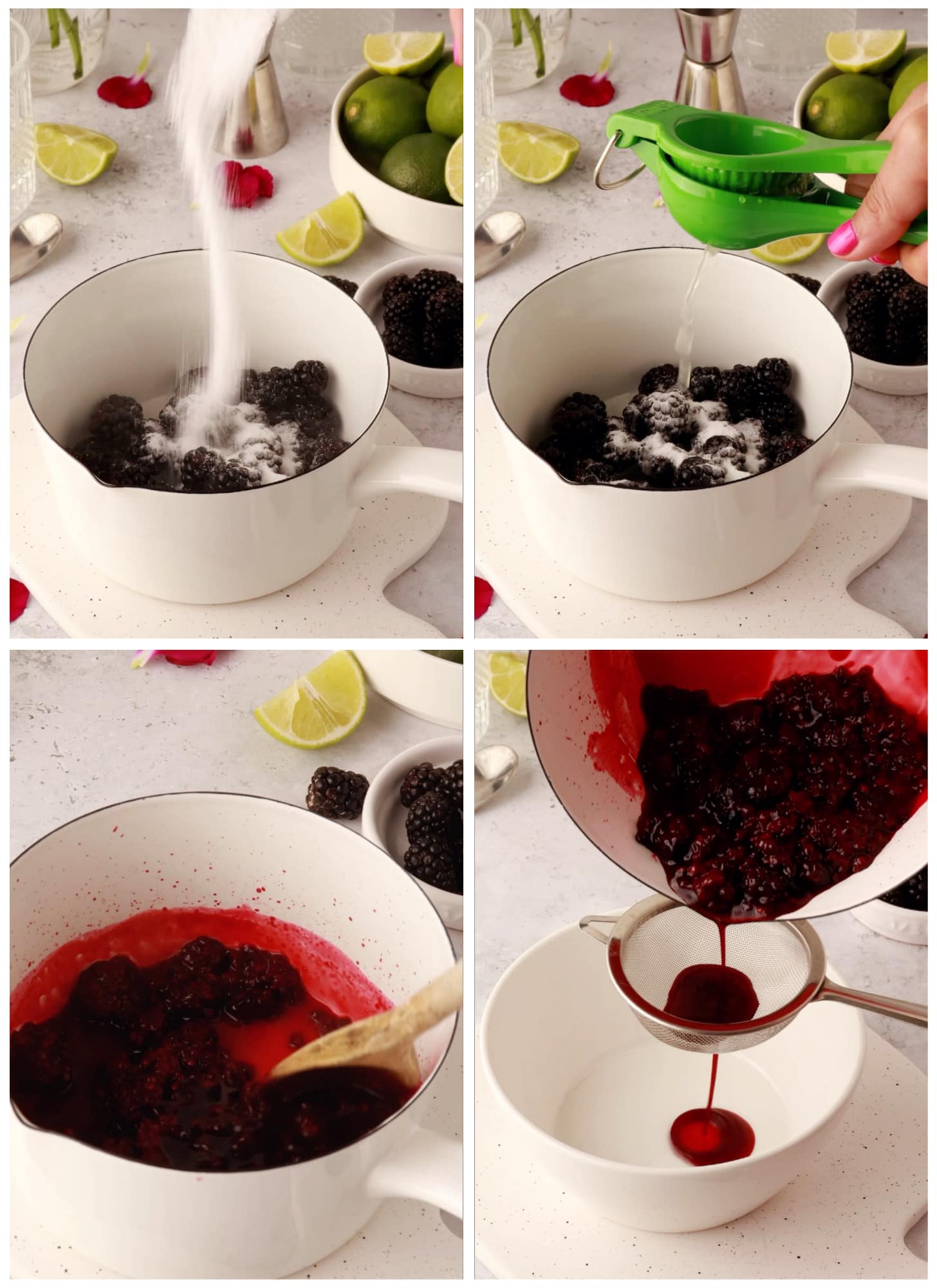 photo collage demonstrating how to make blackberry puree in a saucepan