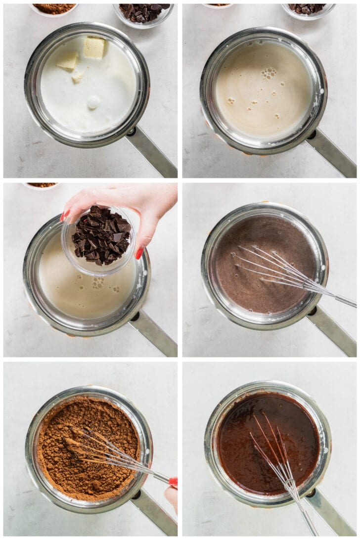 photo collage demonstrating how to make hot fudge sauce in a saucepan