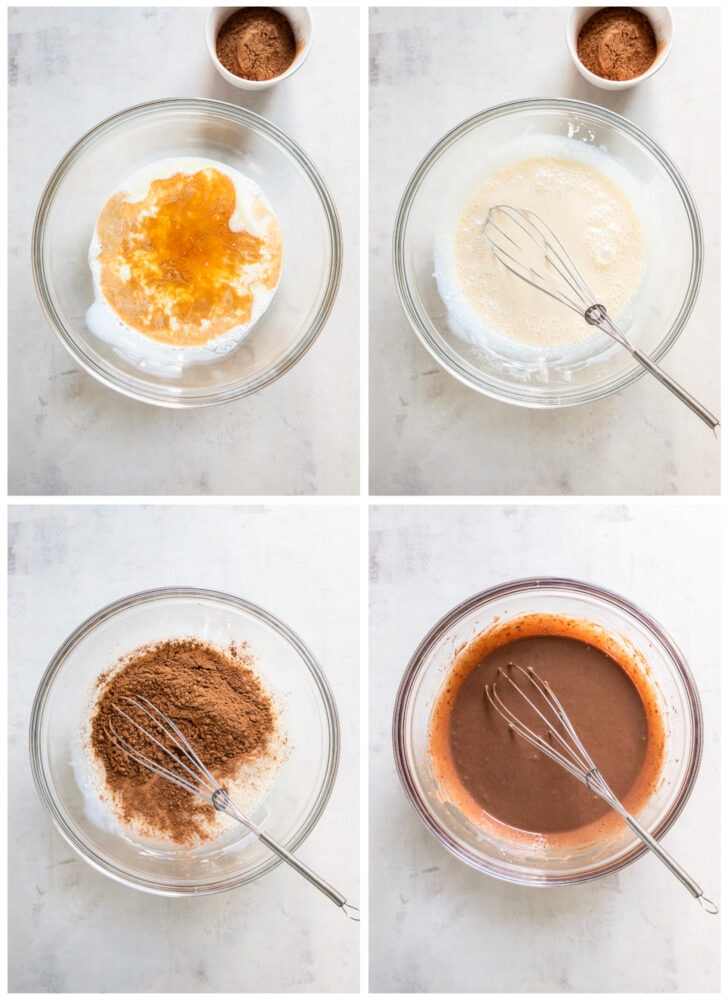 photo collage demonstrating how to whisk ingredients for no churn chocolate ice cream