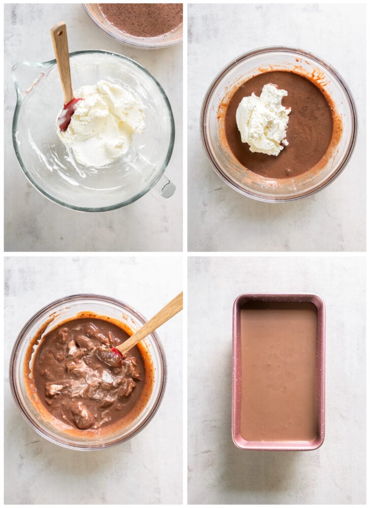 photo collage demonstrating how to add whipped cream to chocolate mixture for no churn chocolate ice cream