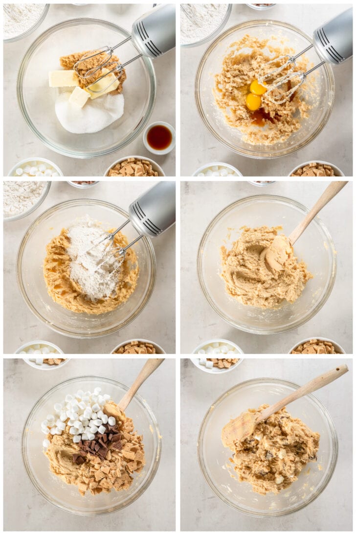 photo collage demonstrating how to make smores cookie dough in a mixing bowl