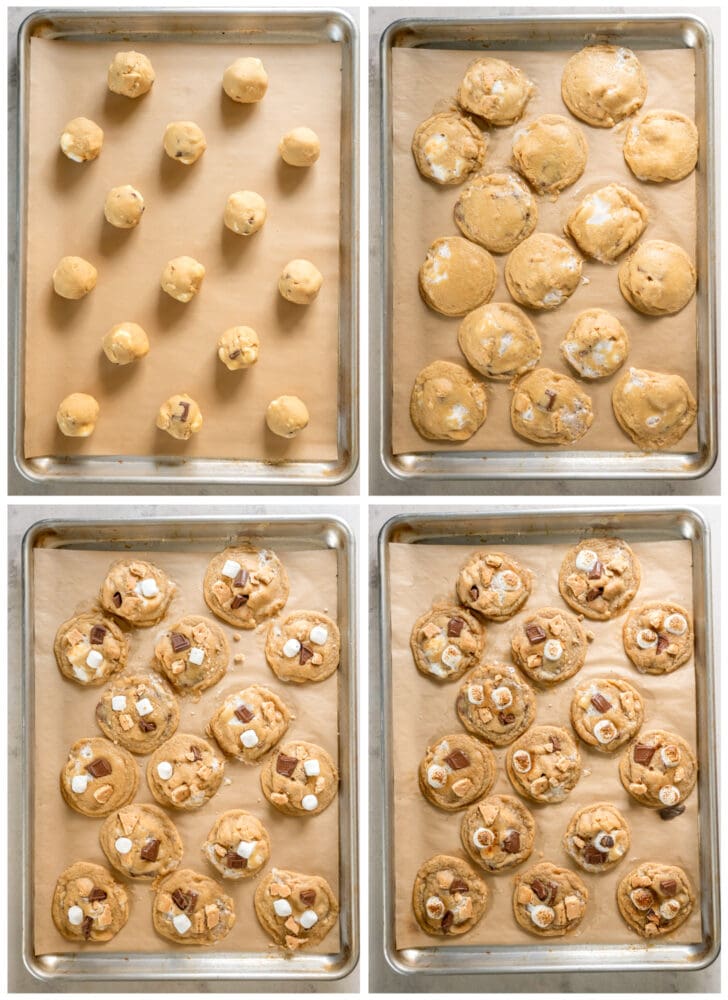 photo collage what smores cookies look like on a baking sheet before during and after baking in the oven