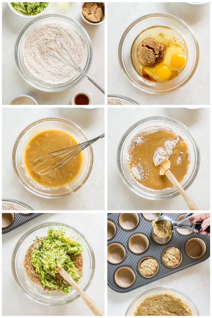photo collage demonstrating how to make zucchini muffin batter in a mixing bowl