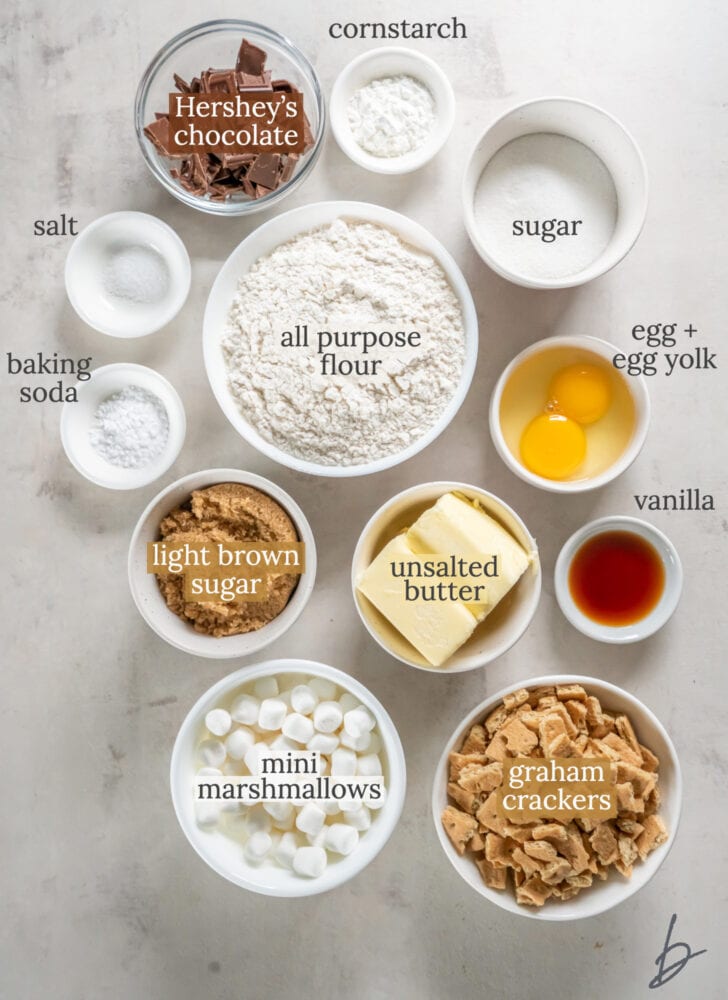 smores cookies ingredients in bowls labeled with text