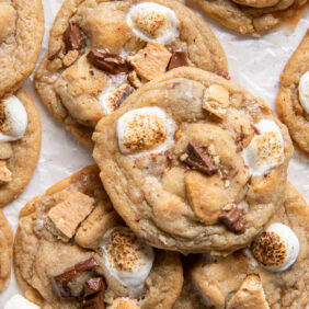 smores cookies with marshmallows, chocolate and graham crackers