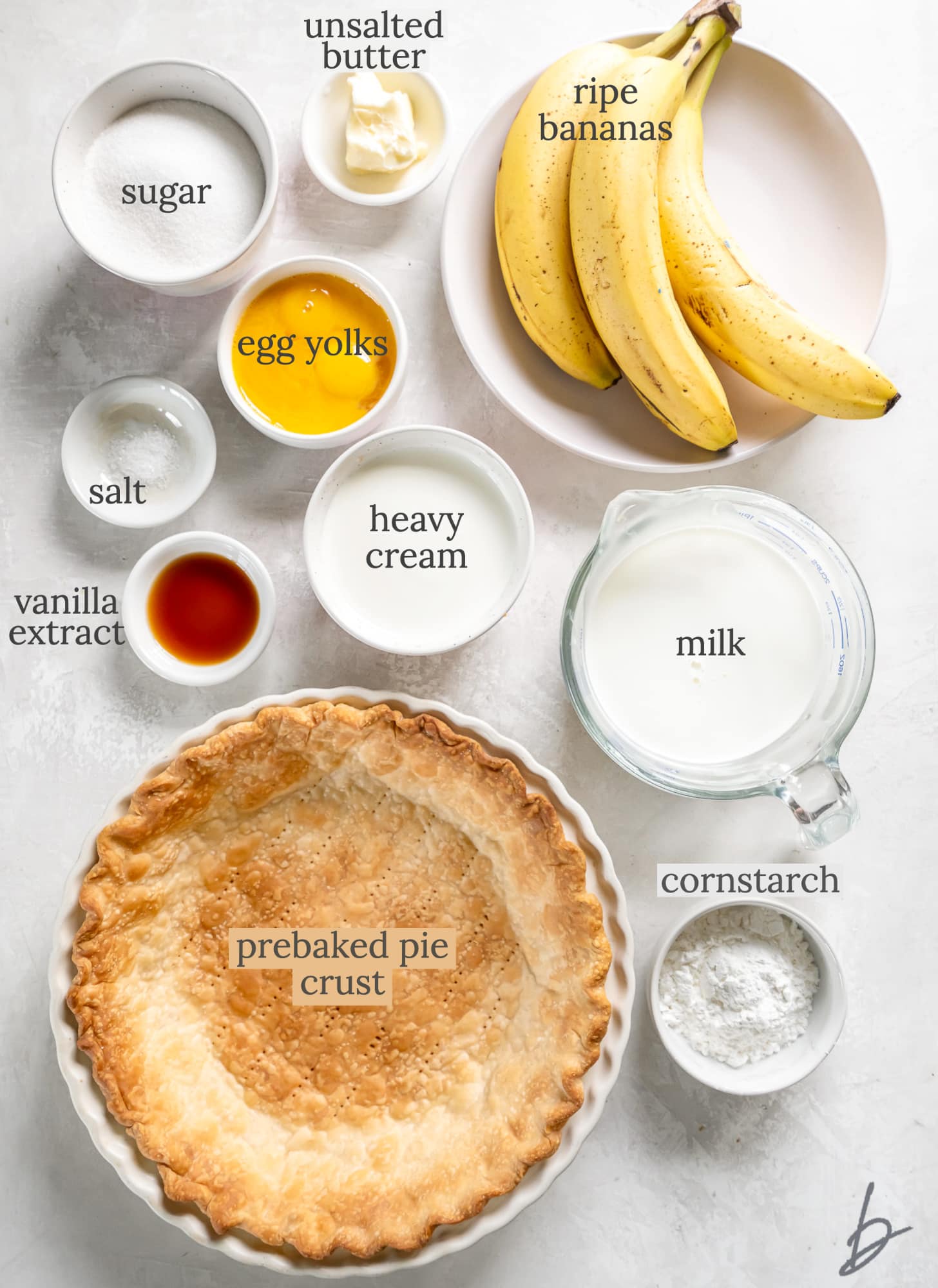 banana cream pie filling ingredients in bowls labeled with text