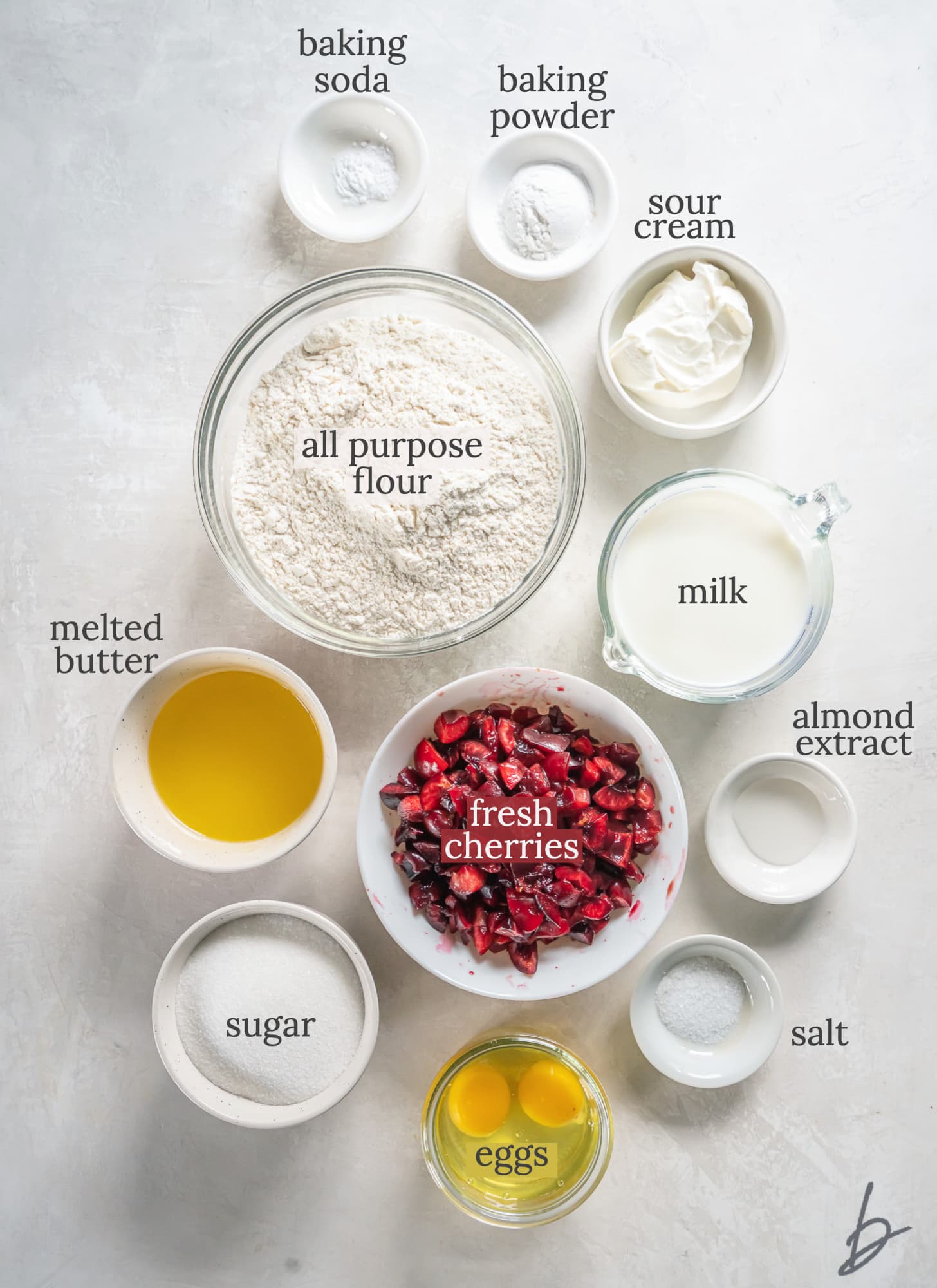 cherry muffin ingredients in bowls labeled with text