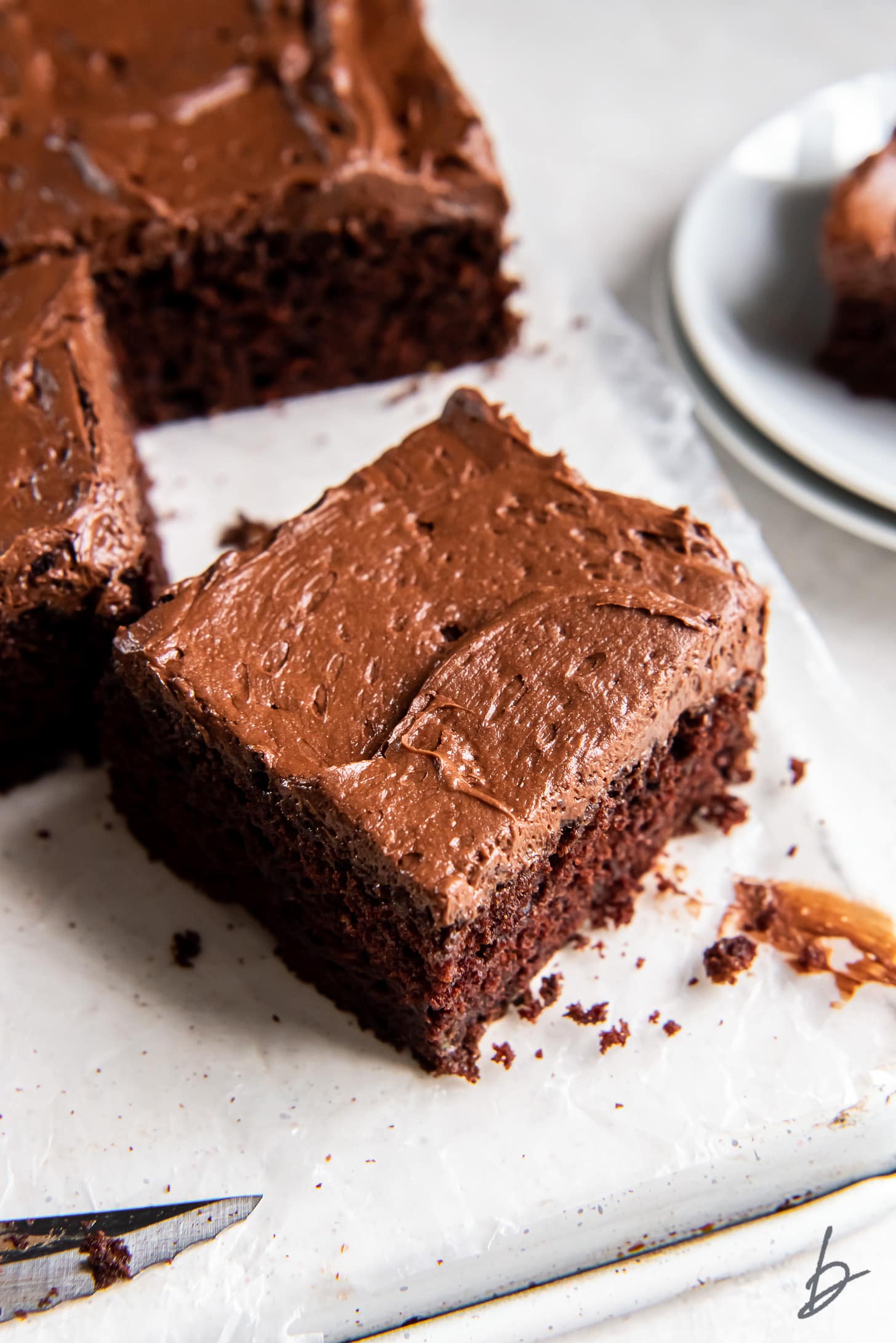 square slice of chocolate zucchini cake with chocolate frosting