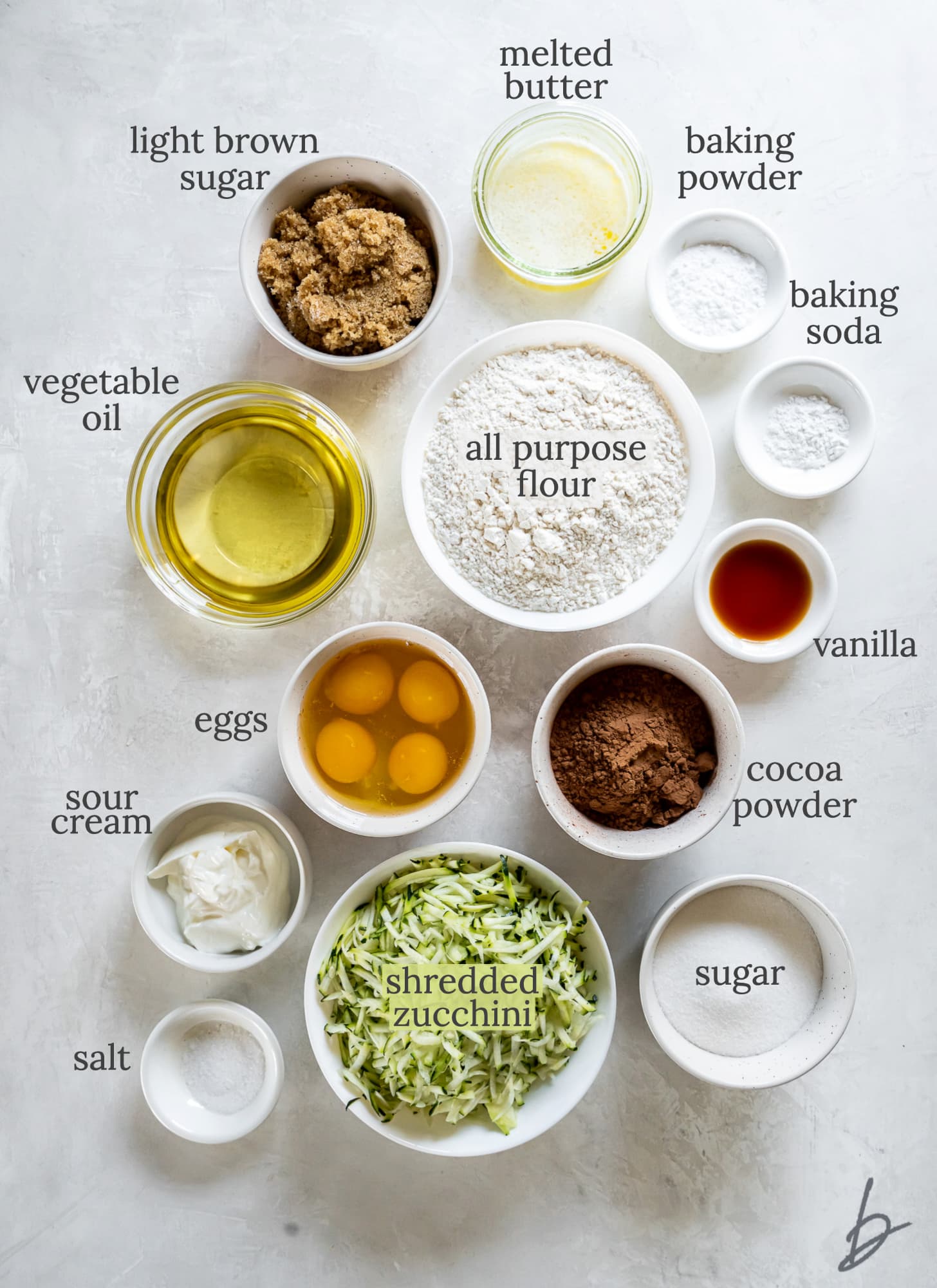 chocolate zucchini cake ingredients in bowls labeled with text