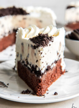 slice of ice cream cake showing chocolate cake layer, cookie crumb and chocolate fudge filling and ice cream layer