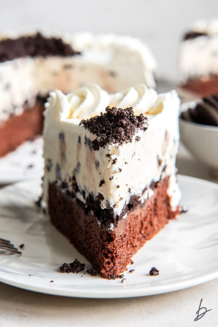 slice of ice cream cake showing chocolate cake layer, cookie crumb and chocolate fudge filling and ice cream layer
