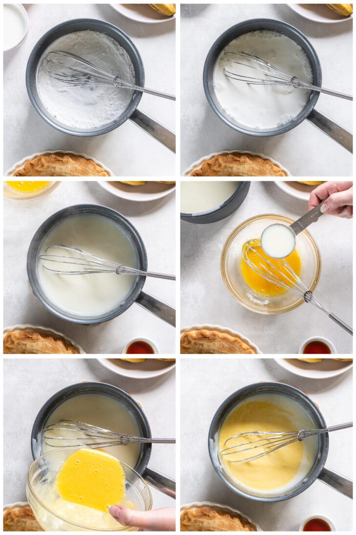 photo collage demonstrating how to make banana cream pie filling in a saucepan with tempered eggs