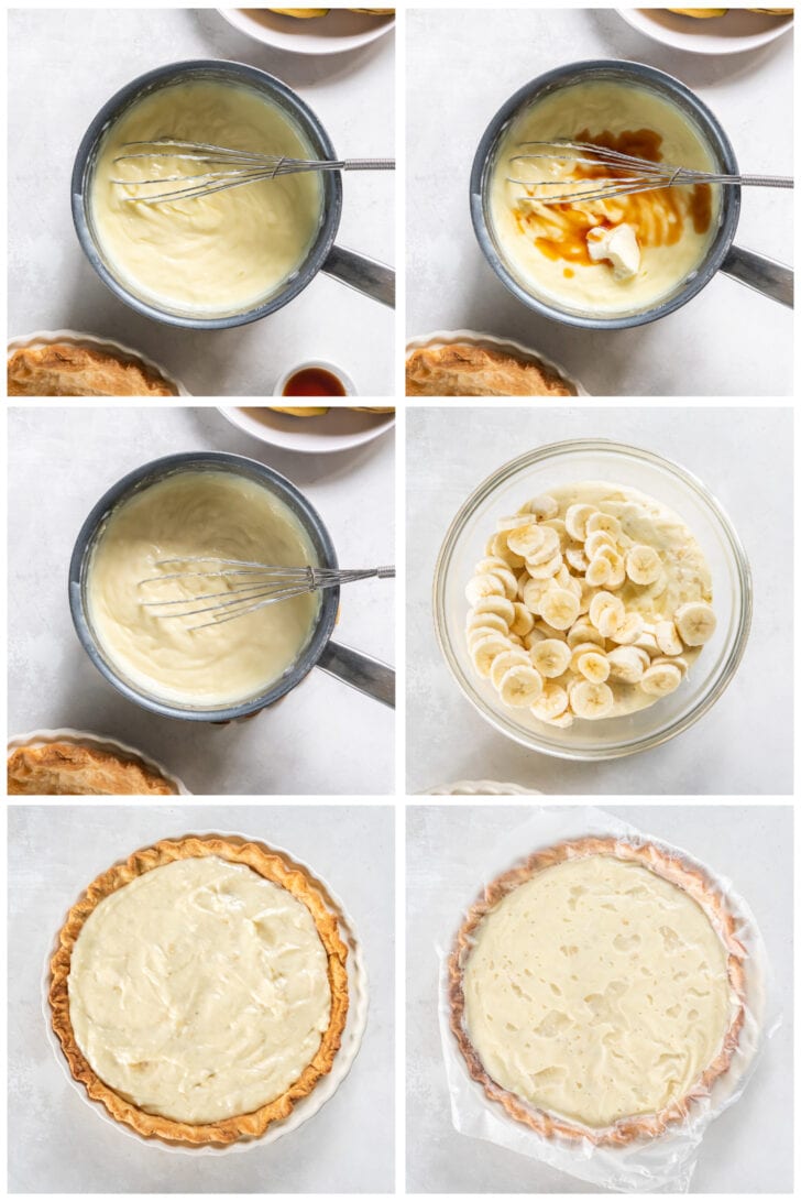 photo collage demonstrating how to make banana cream pie in a saucepan and prebaked pie crust