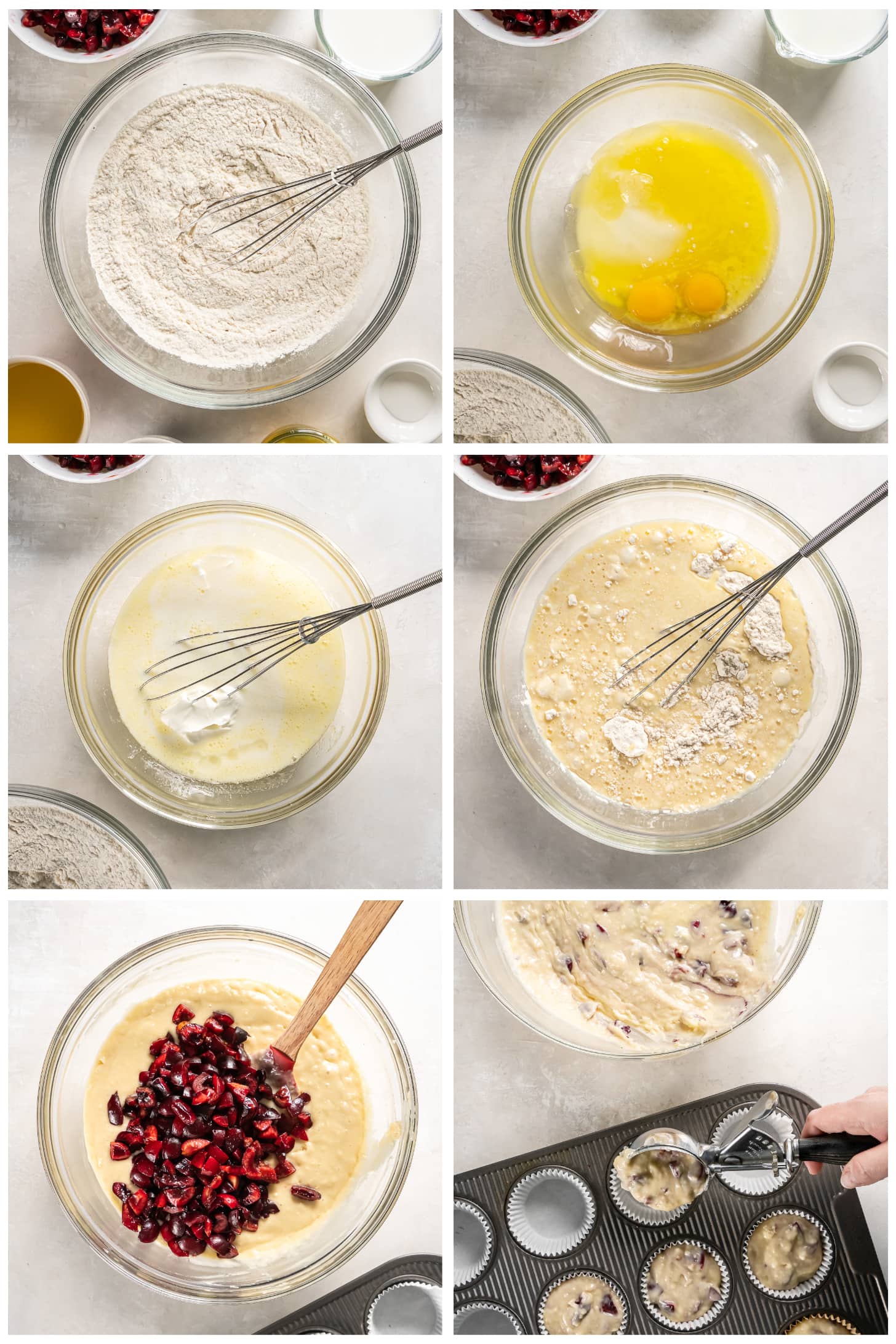 photo collage demonstrating how to make cherry muffins in a mixing bowl and muffin tin