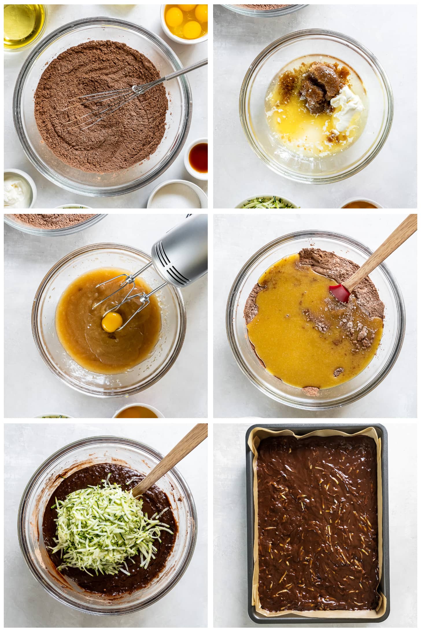 photo collage demonstrating how to make chocolate zucchini cake in a mixing bowl and a 9x13 cake pan