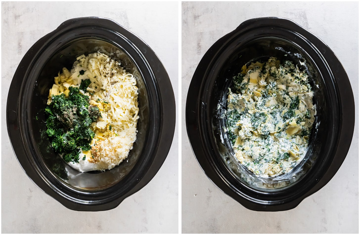 two photo collage showing spinach artichoke ingredients in crockpot before and after the ingredients are stirred together