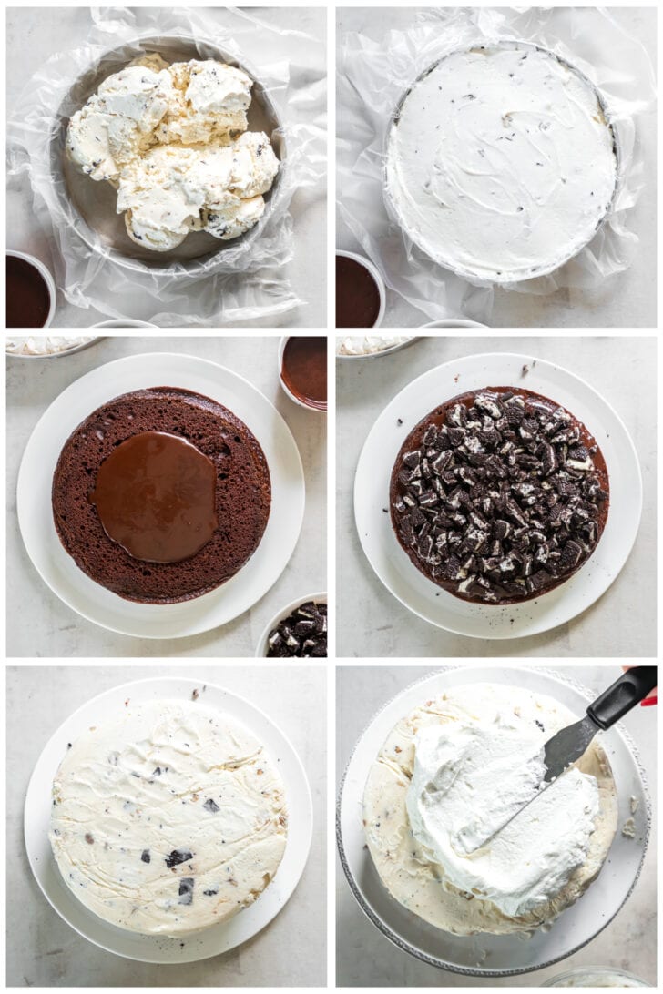 photo collage demonstrating how to assemble an ice cream cake