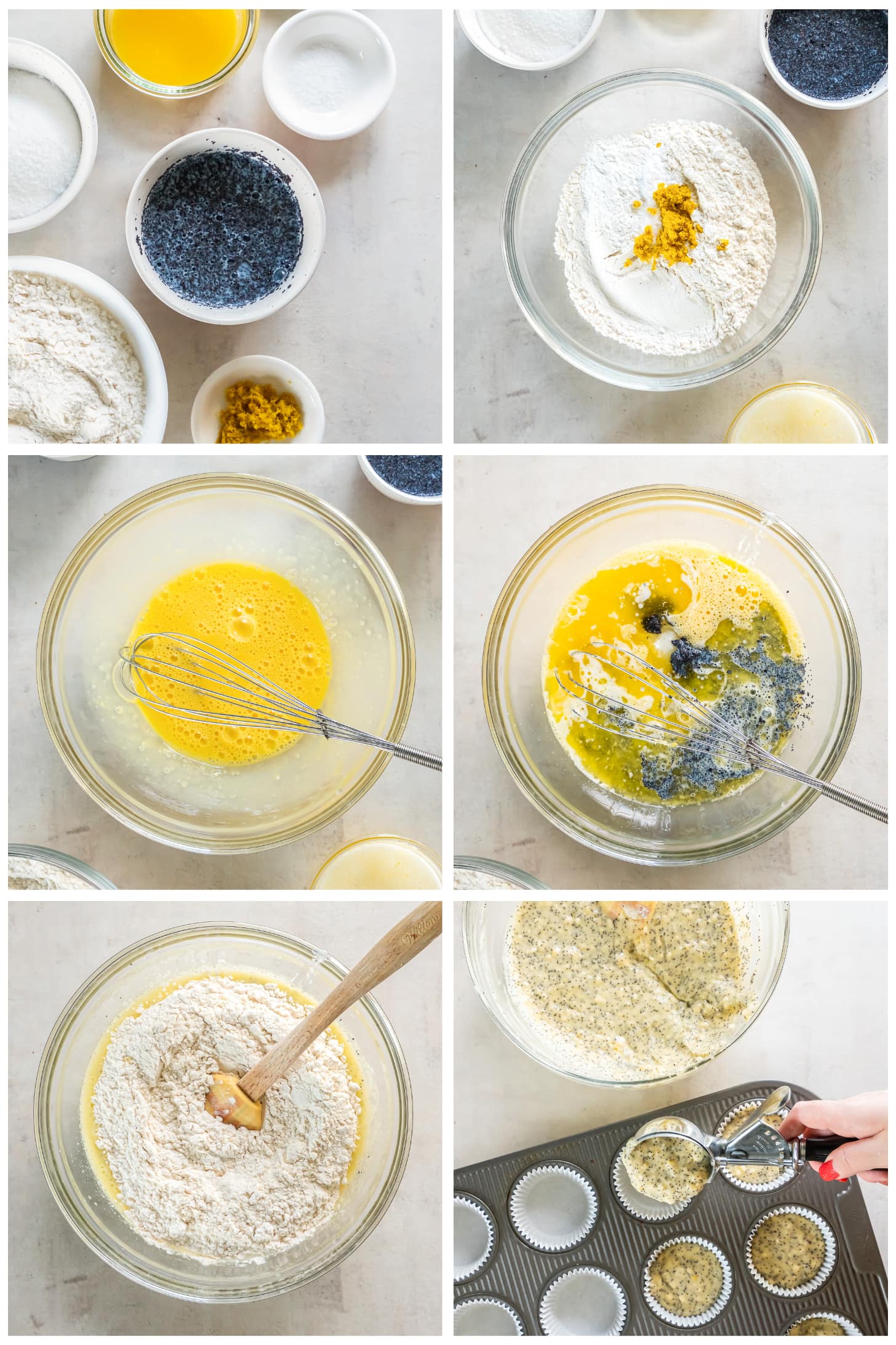 photo collage demonstrating how to make orange poppy seed muffins in a mixing bowl